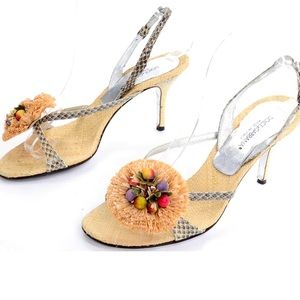 DOLCE & GABBANA SHOES RAFFIA & FRUIT SNAKESKIN SLINGBACK SANDALS HEELS